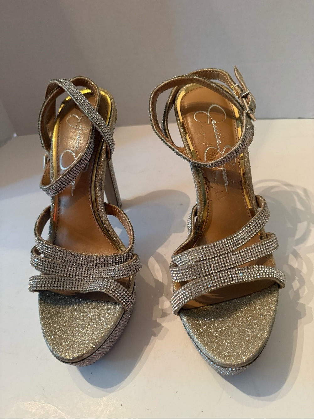 Jessica Simpson Balina Champagne Strappy Sparkly Platform High Heels Women’s 7